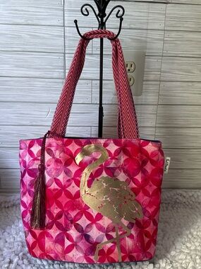 Gold Flamingo Pink Patterned Tote Bag with Tassel